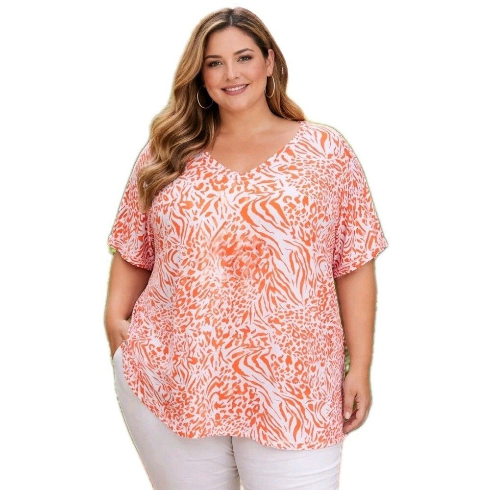 Belle by Kim Gravel White and Coral Animal-Print V-Neck Blouse